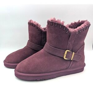 LAMO PRESLEY Size 9 Suede Ankle Boots Faux Fur Lined Buckle Detail Wineberry